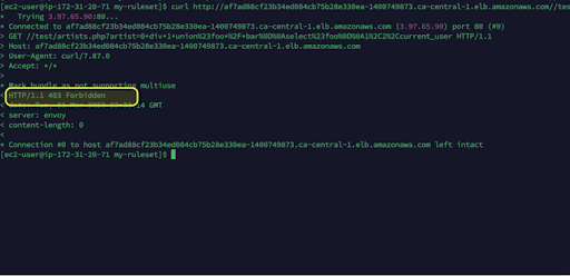 Terminal output showing a 'curl' command resulting in a 'HTTP/1.1 403 Forbidden' error. This indicates the request was