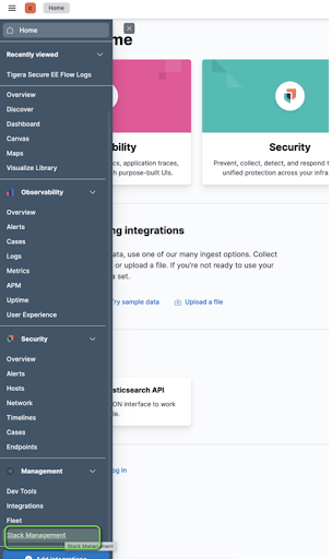 Kibana's navigation menu, with 'Stack Management' under 'Management' highlighted