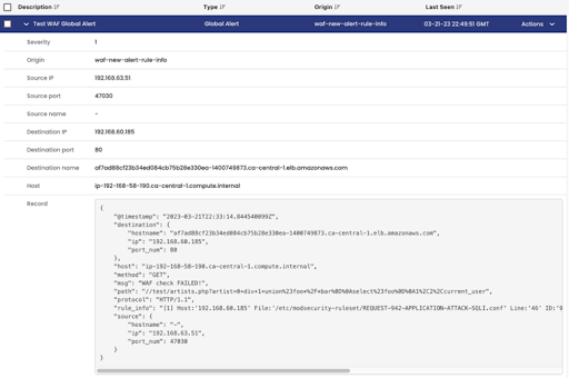 Screenshot of a Calico WAF Global Alert, showing details like source/destination IPs, ports, and a record of the failed WAF