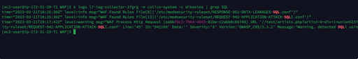 Terminal output showing WAF logs filtered for SQL, indicating SQL rule files and detected SQL injection attempts