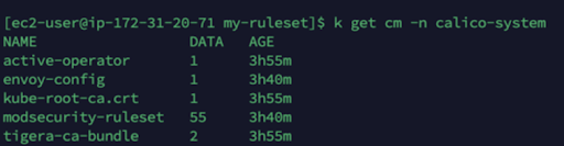 CLI output showing configmaps in the calico-system namespace, highlighting 'modsecurity-ruleset' with 55 data entries
