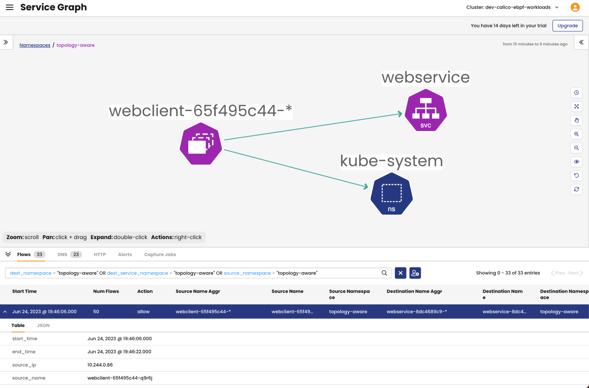 Calico Cloud Dynamic Service graph shows traffic flow from webclient to webservice, and kube-system namespace. Flow logs are