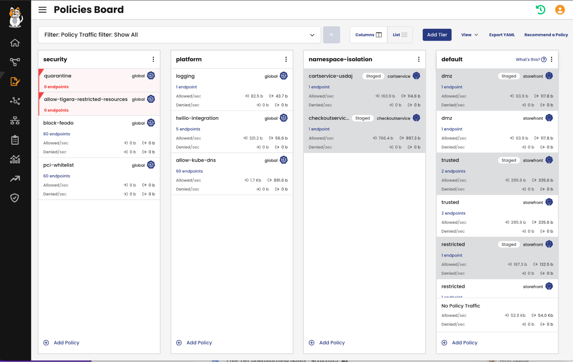 Policies Board showing a 'namespace-isolation' tier, illustrating how policies can be moved to their own tier after being in