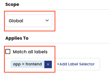 UI showing label scope set to "Global" and a label selector "app = frontend" applied