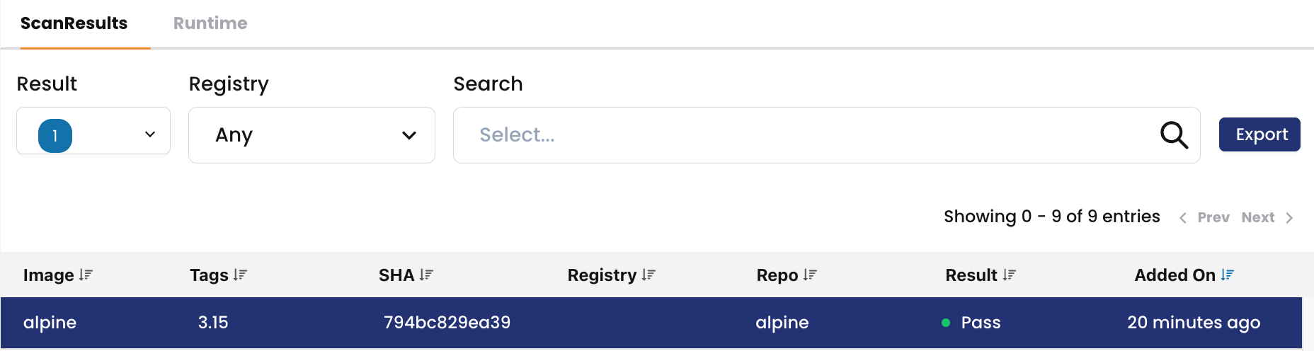 UI showing scan results with filters for registry, search, and result status. Table displays image, tags, SHA, repo, result,