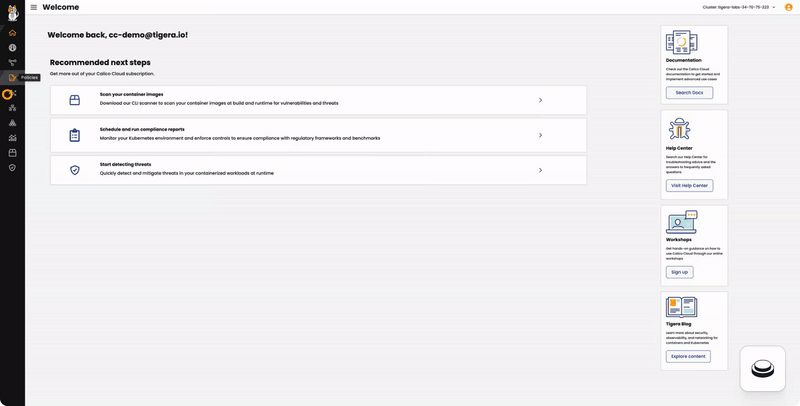 Dashboard showing scan container images, compliance reports, and threat detection