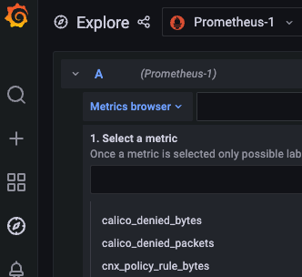 Metrics browser in Grafana Explore menu lists Calico metrics.