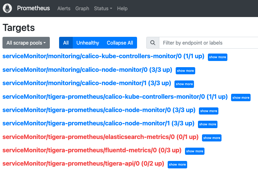 Prometheus Targets list showing calico-node-monitor ServiceMonitor instances as targets, confirming successful creation