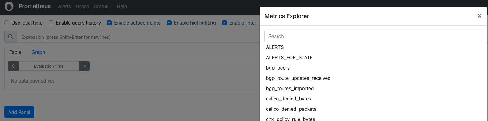 Screenshot of Prometheus Metrics Explorer showing searchable list of available metrics