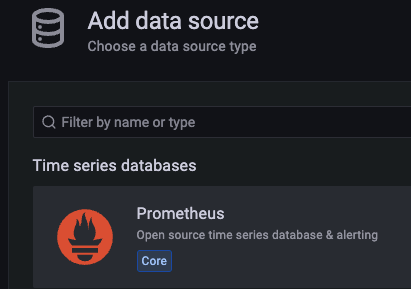 Grafana screen showing Prometheus selection in the "Add data source" section