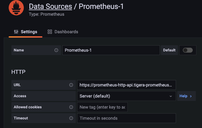 Screenshot of Prometheus-1 data source configuration showing its HTTPS URL: `https://prometheus-http-api.tigera-prometheus.sv