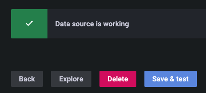 Screenshot showing a "Data source is working" confirmation message after clicking "Save & test