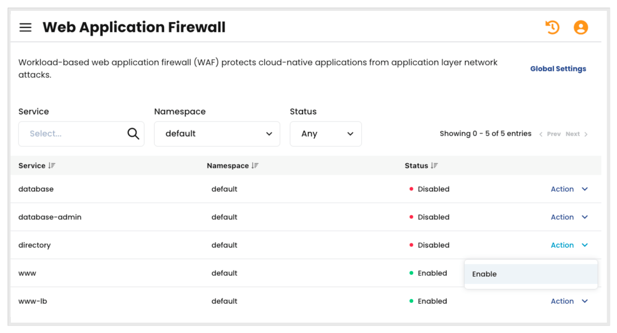 Calico UI screenshot: Enabling application-level security per service; shows services with enabled/disabled WAF status