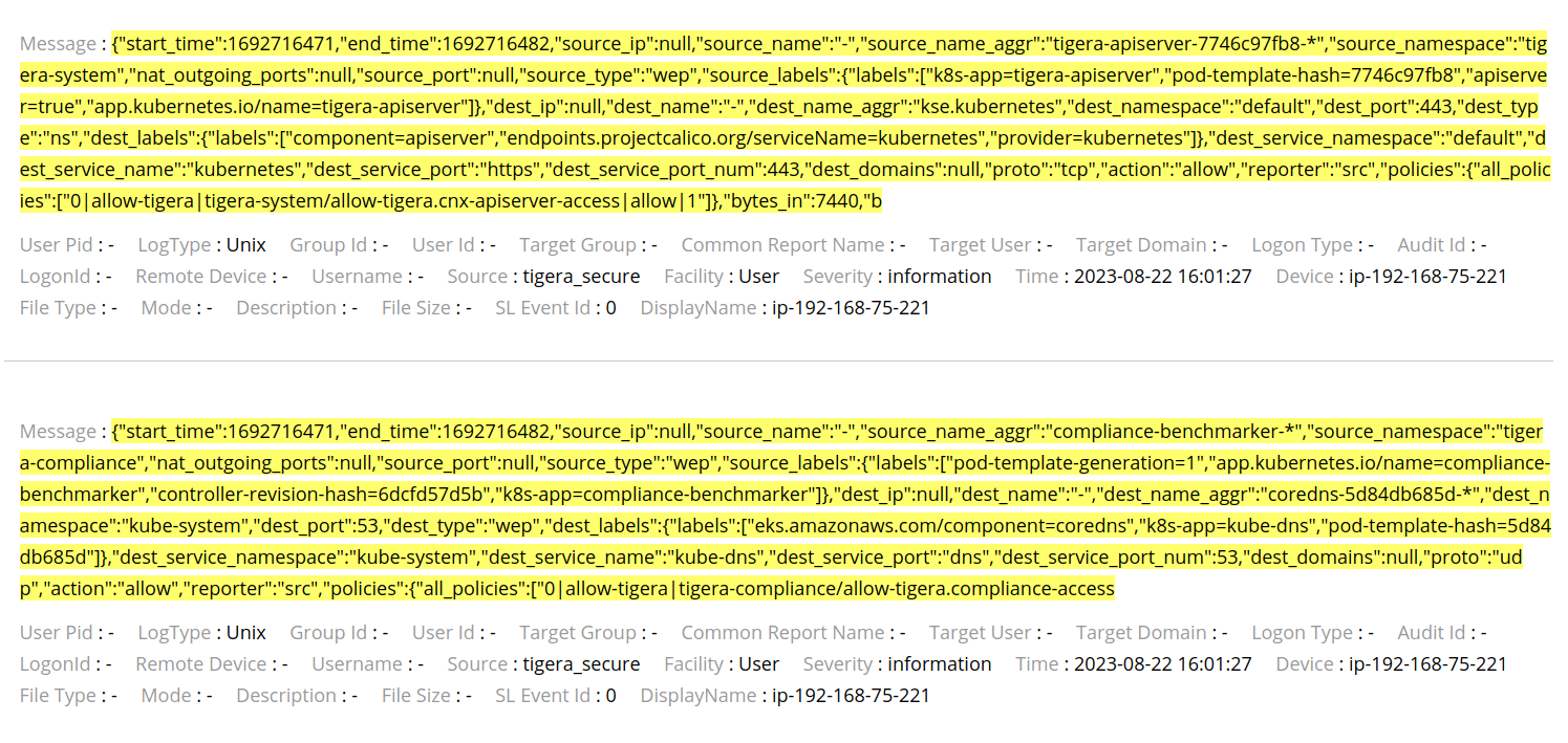 Screenshot shows two example Flow Logs. Each log displays a message with details like start/end time, source/destination