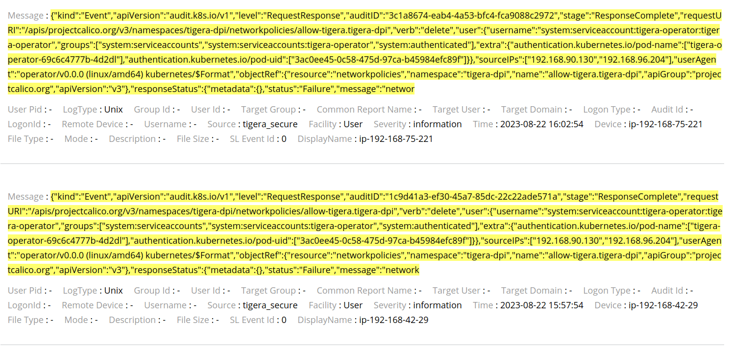 The image shows two audit log entries, displaying detailed JSON messages and metadata like timestamp, IP address, and user