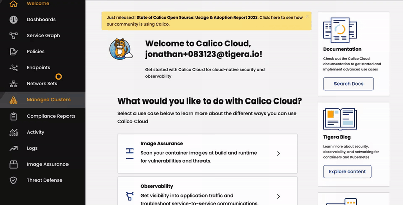 Calico Cloud UI showing 'Managed Clusters' selected, indicating where to connect an AKS cluster