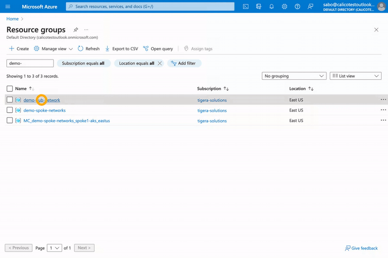 Screenshot of Azure Resource Groups, highlighting 'demo-ub-network' which is the hub resource group