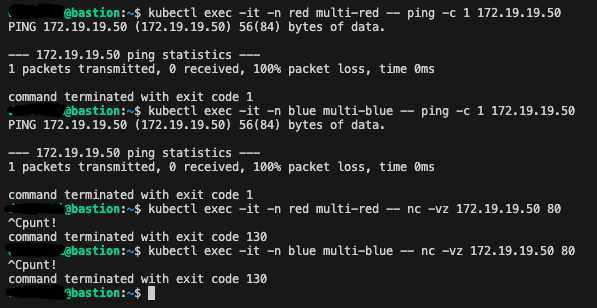 Screenshot shows 100% packet loss from multi-blue and multi-red pods to 172.19.19.50, despite SNAT via worker1 IP; Sophos