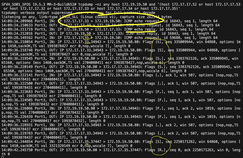 Screenshot of a Sophos firewall log showing network traffic, including ICMP echo requests and replies