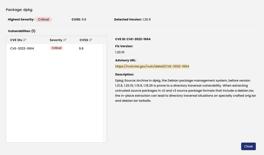 Screenshot of CVE details, including CVE ID, advisory URL, and description, accessible via the CVE ID link