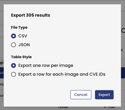 Dialog box for exporting vulnerability scan results in CSV or JSON format