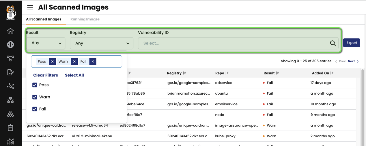 UI showing sorting and filtering of scanned images by result, registry, and vulnerability ID, with export option