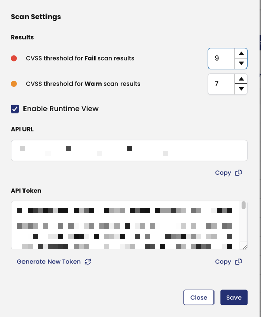 Scan settings showing CVSS thresholds for fail/warn results, API URL/token, and options to save or close