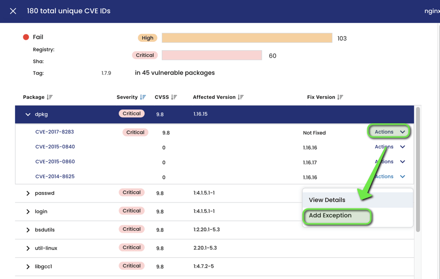 Screenshot shows the "Add Exception" option for a "critical" vulnerability in the "dpkg" package