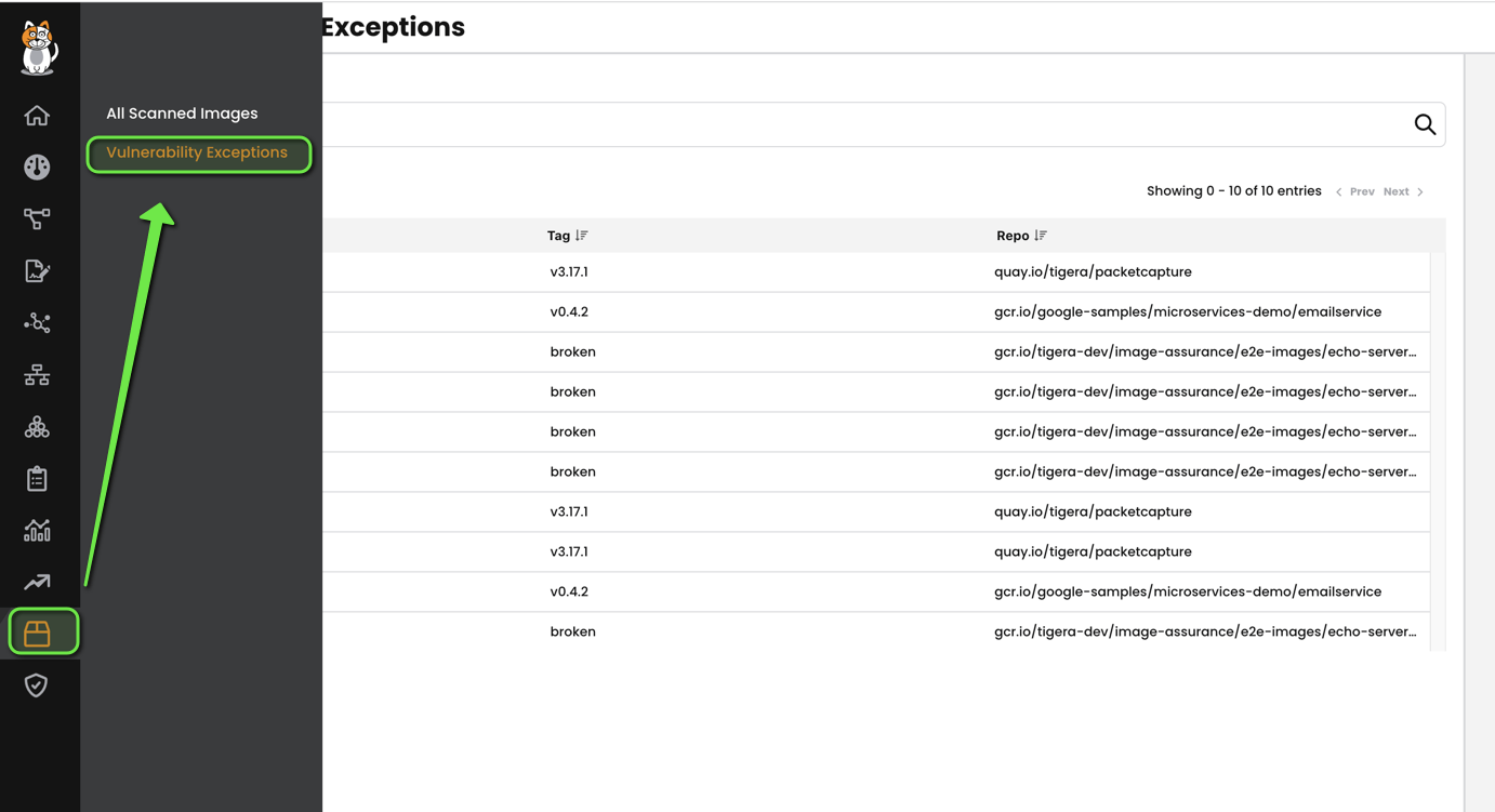 Screenshot showing "Vulnerability Exceptions" under Image Assurance, with a list of exceptions by tag and repo
