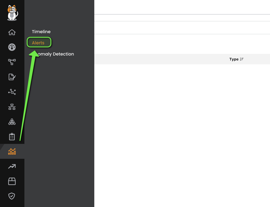 Screenshot showing the "Alerts" tab in the activity window, indicated by a green arrow