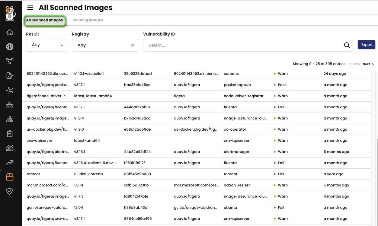Screenshot of a dashboard with "All Scanned Images" tab highlighted, showing a table of scanned container images
