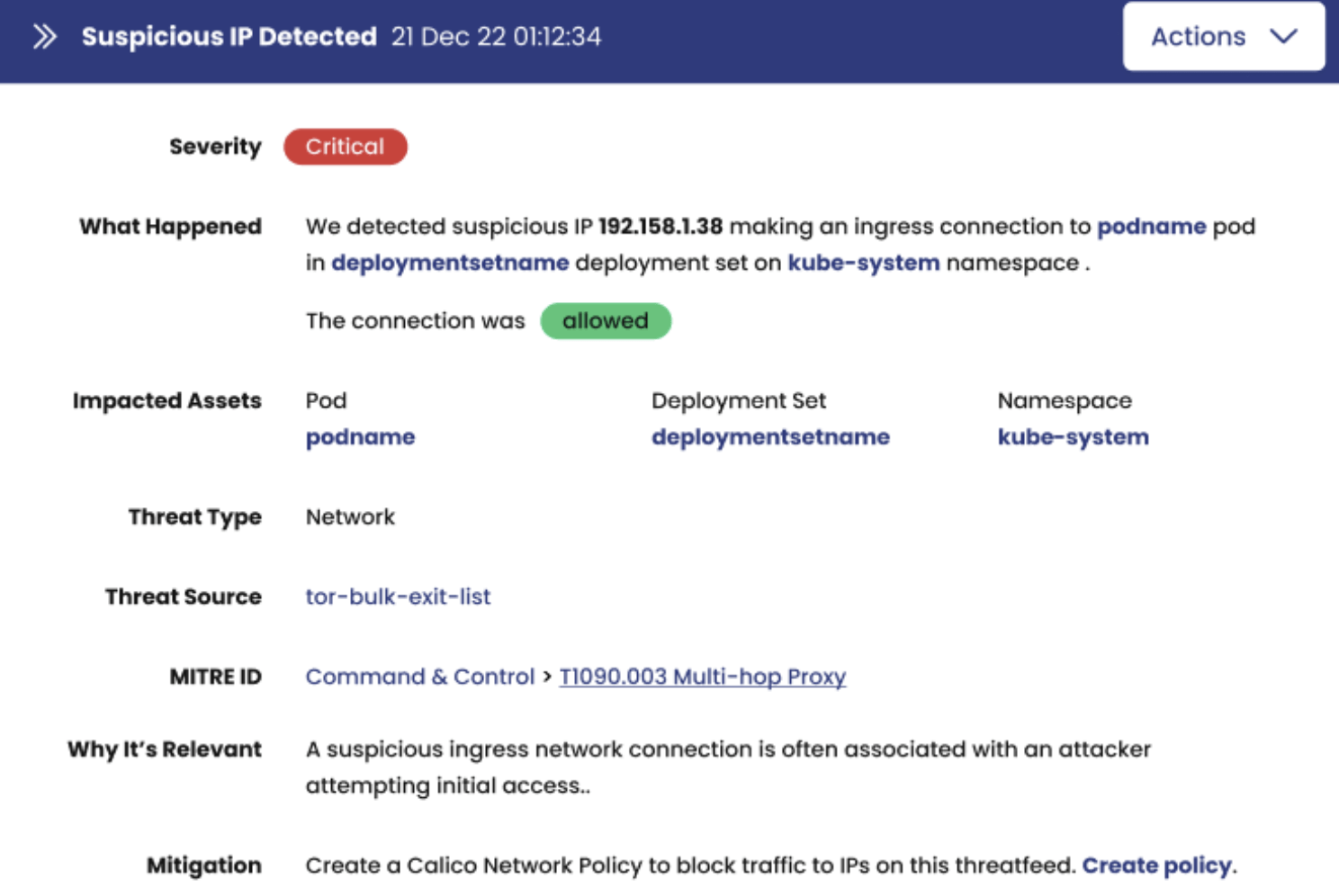 Screenshot of Calico alert showing a critical ingress connection from a suspicious IP address
