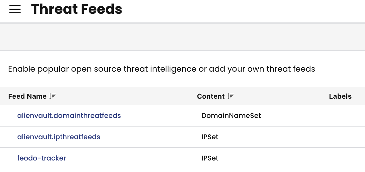 Calico threat feeds interface showing integrated Feodo Tracker and custom feed options for real-time threat intelligence