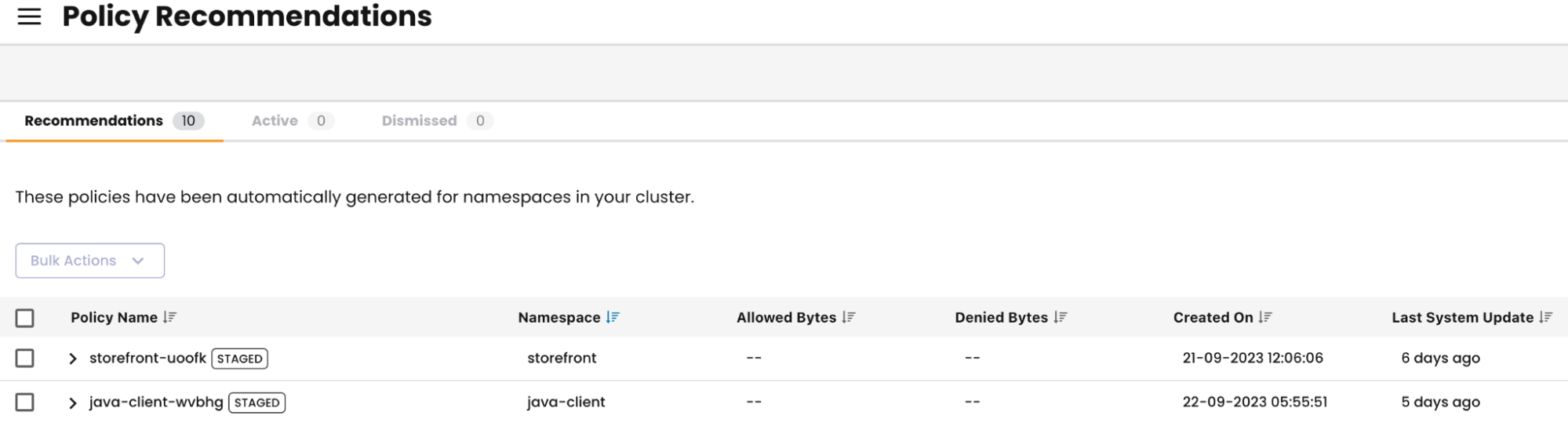 Screenshot of dynamically generated network policies, showing active and dismissed policies with timestamps