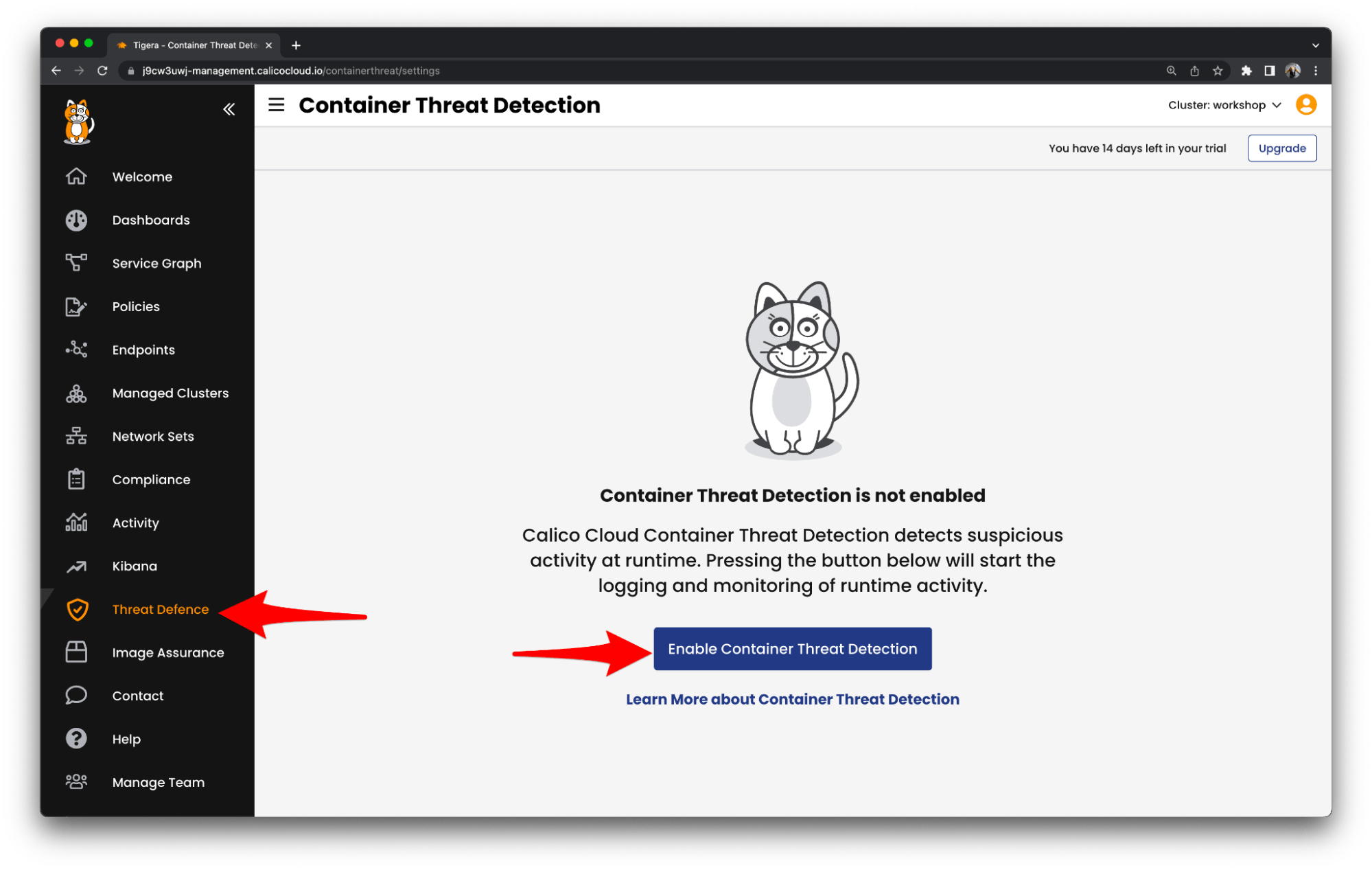 Screenshot of Tigera's container threat detection dashboard showing the "Threat Defence" option and a prompt to enable