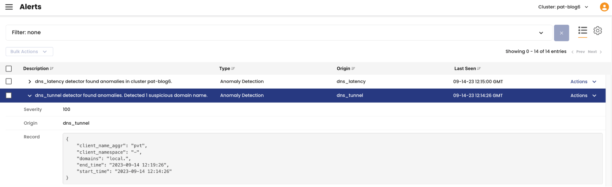 Screenshot of DNS alert showing a suspicious domain name detected