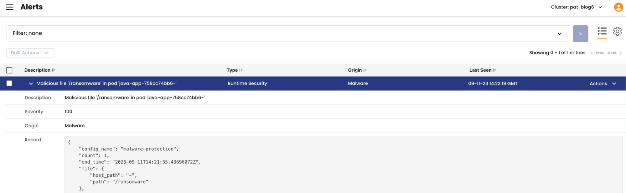 Screenshot of malware alert showing "Malicious file '/ransomware'" detected