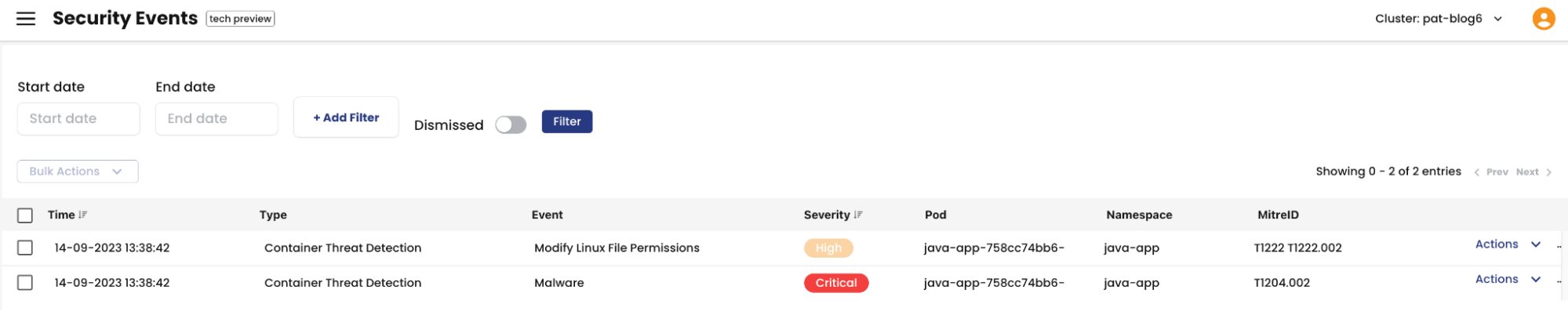 Screenshot of security event log showing two critical events for the java-app pod: file permission modification and malware