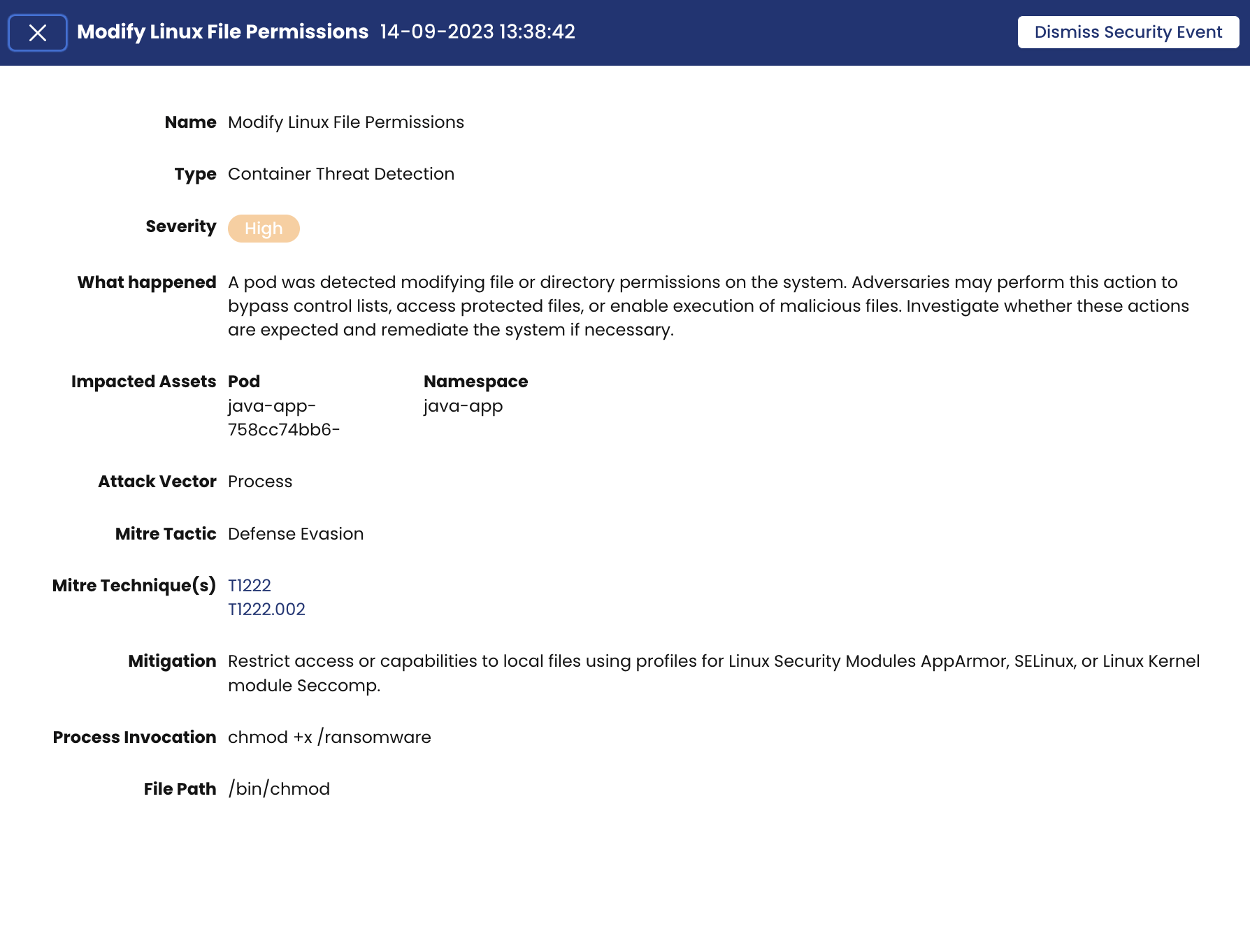 Screenshot of a high-severity security alert detailing a Linux file permission modification attempt via `/bin/chmod