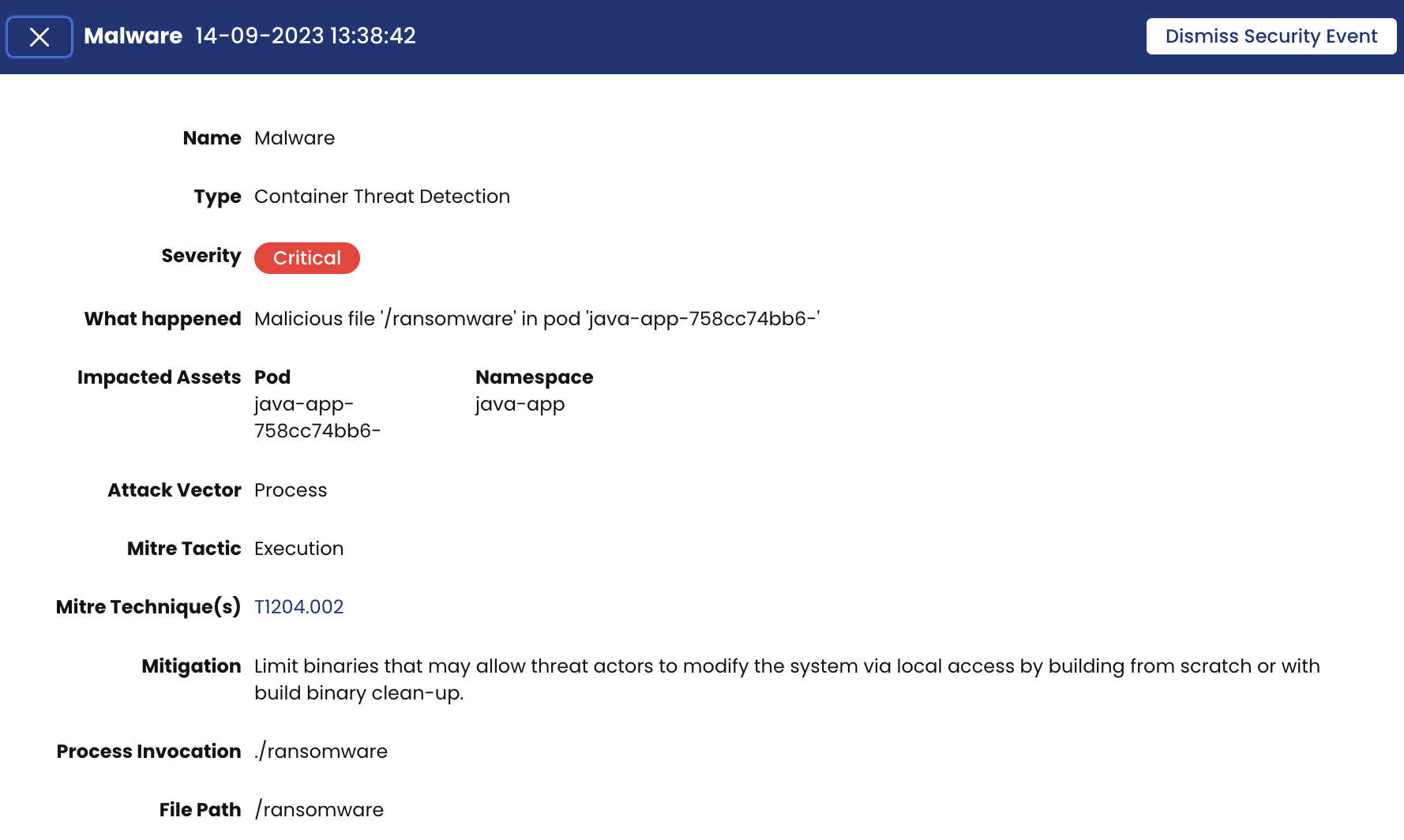 Screenshot of critical malware alert: Ransomware detected in java-app pod. Severity: Critical