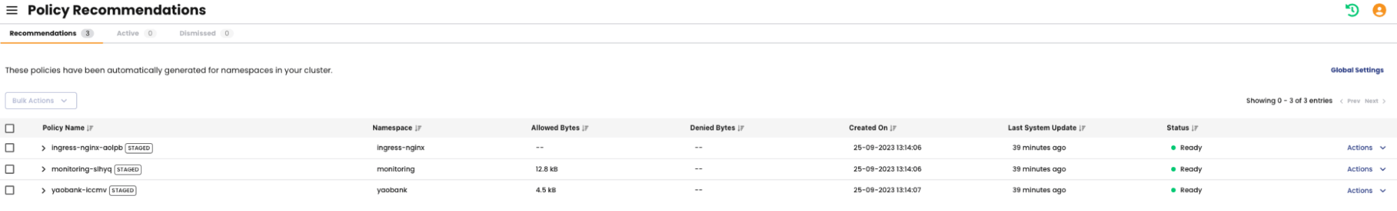 Screenshot of policy recommendations table showing namespaces, allowed/denied bytes, creation date, and status, ready for