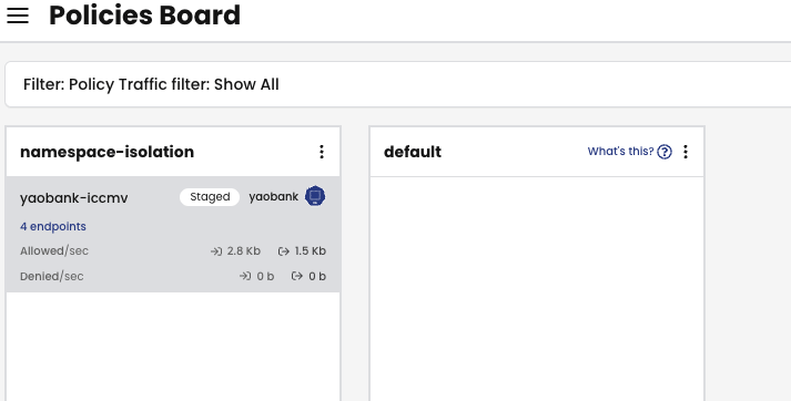 Screenshot of Tigera Policy Board showing EKS cluster security policies, including a staged policy