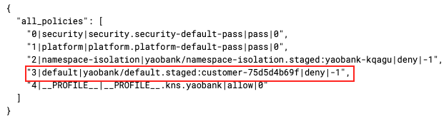 Example of EKS security policy; JSON snippet showing deny rule for specific namespace and customer