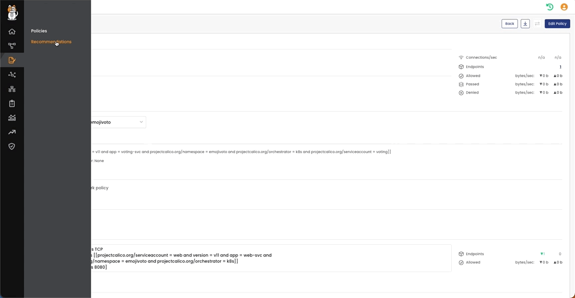 Screenshot of the 'Recommendations' section in a policy management interface