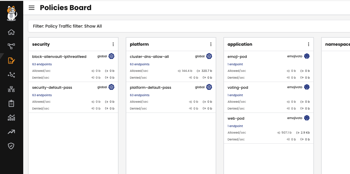 Policy Board showing policies for Security, Platform, and Application, none marked 'Staged