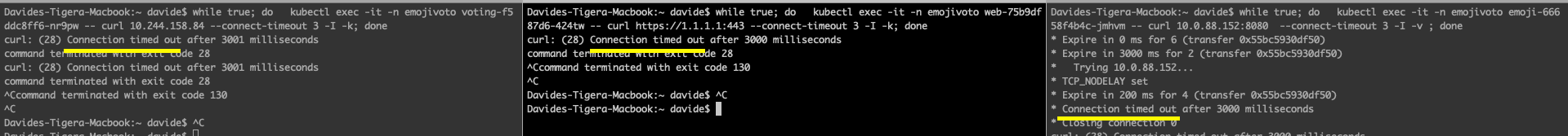 Terminal output showing 'Connection timed out' errors, indicating blocked traffic as expected