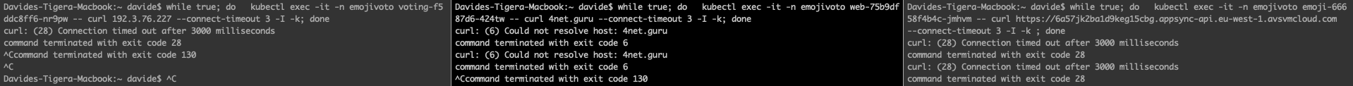 Terminal output showing `curl` commands used on suspicious URLs, some timing out or failing to resolve