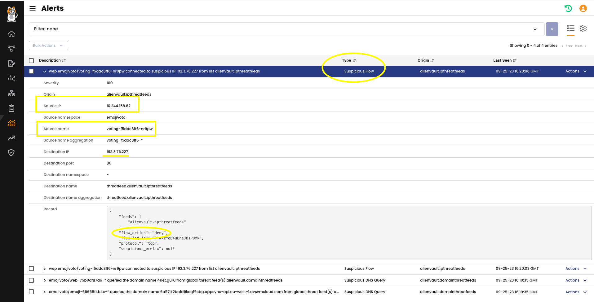 Alert example showing "Suspicious Flow" alert type with details like source/destination IPs and a record with "flow_action