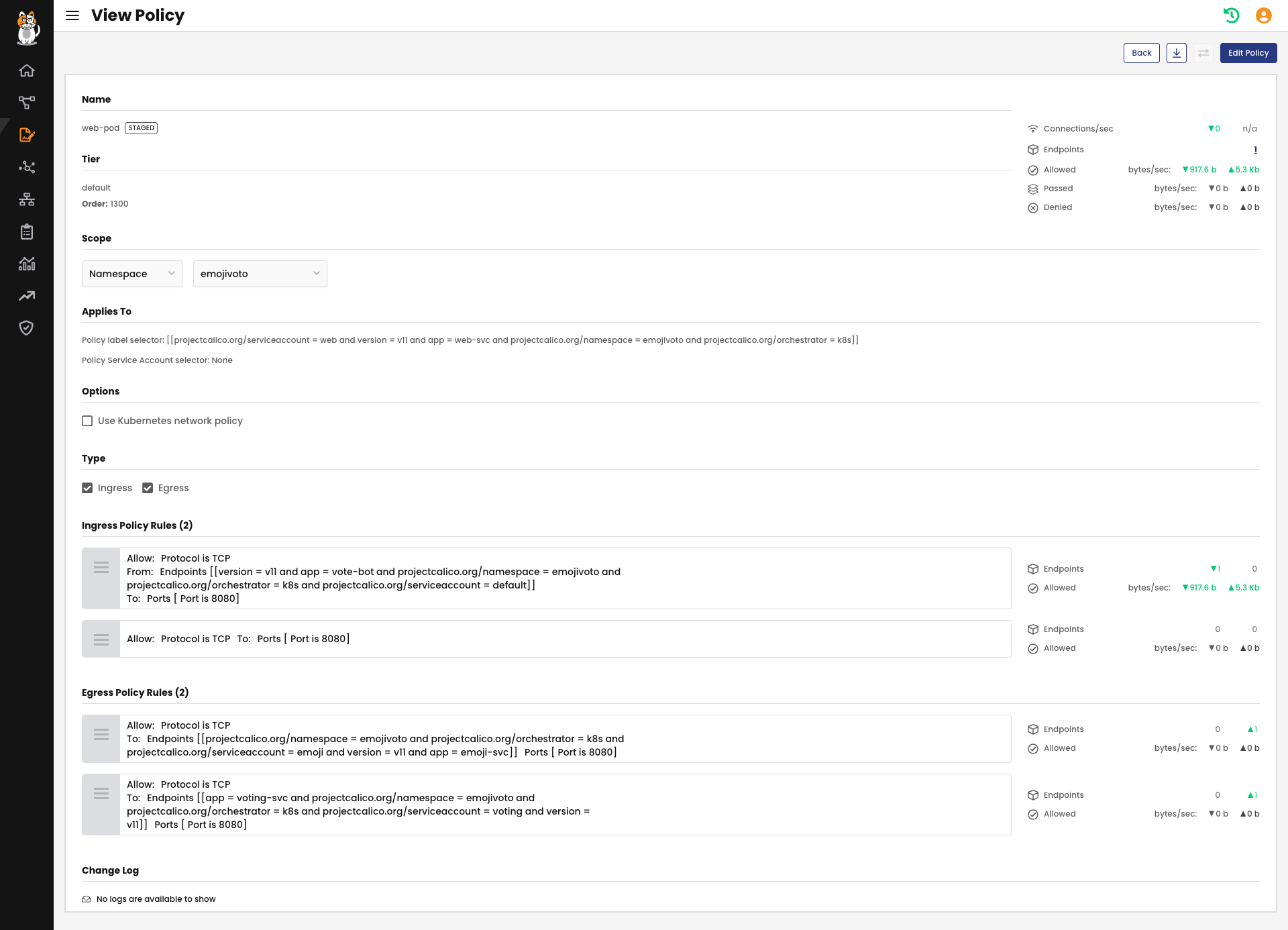 Screenshot of a "staged" policy showing ingress/egress rules, endpoints, and allowed traffic, illustrating policy generation